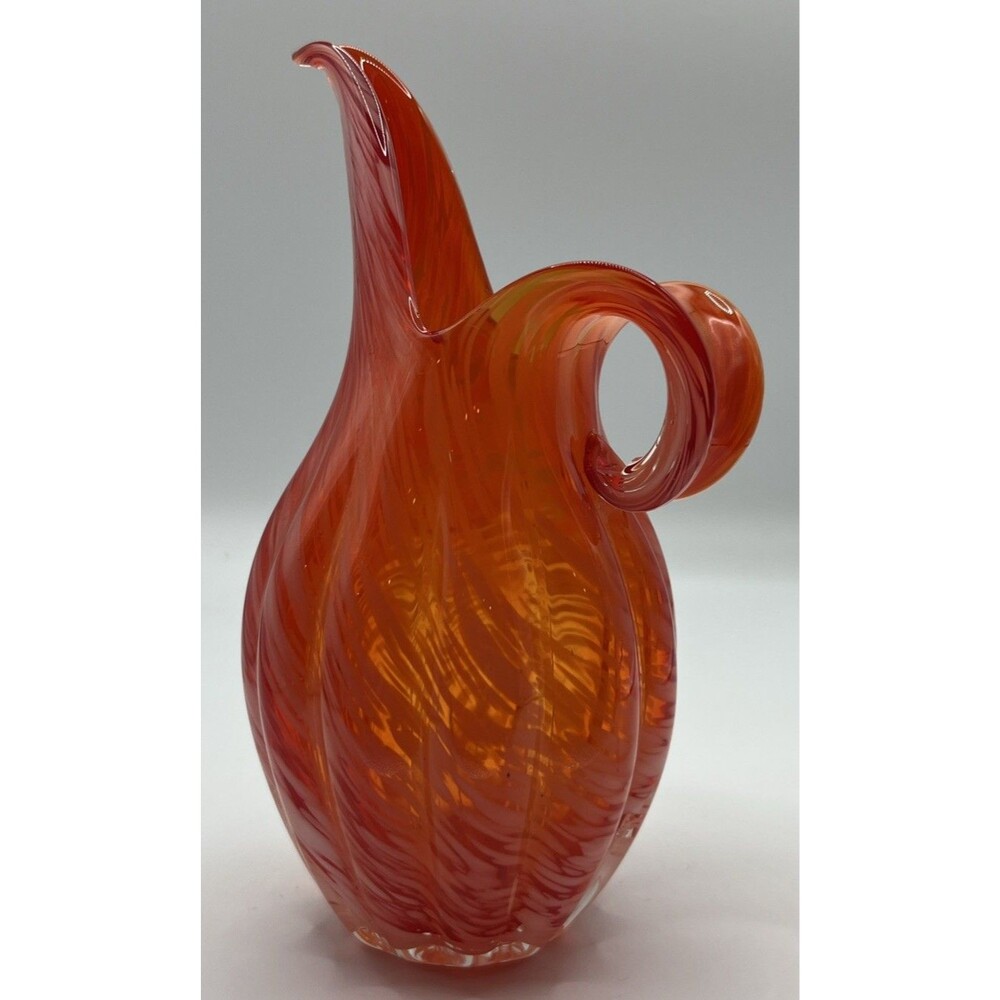 Lefton Orange Hand Blown Art Glass Ribbed Creamer Pitcher w/ Opalescent Swirls
